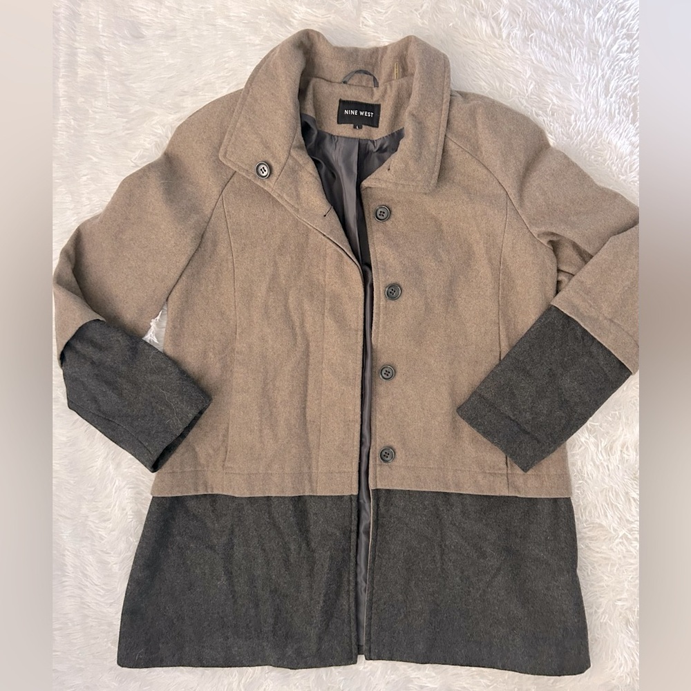 Nine West Tan and Gray Pea Coat Modern Elegance